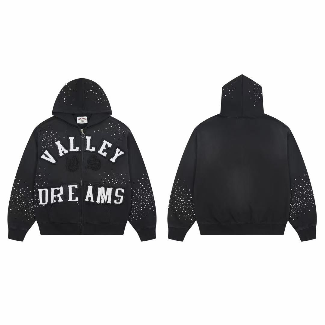 Vale Forever Valley Dreams Rhinestone & Applique Vintage Wash Full-Zip Hoodie black
