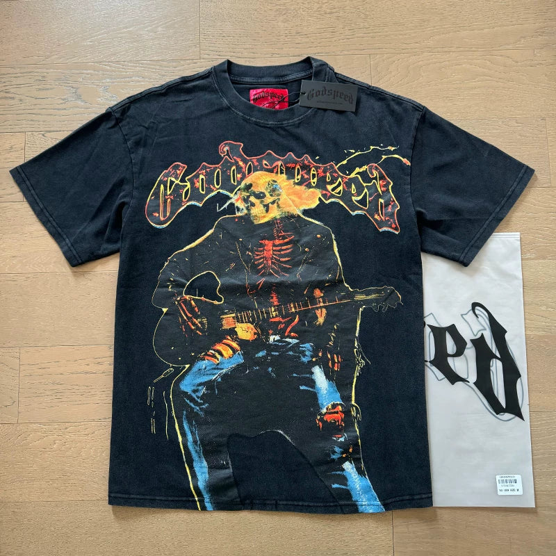Godspeed Skeleton Guitarist Rocker Graphic Tee Cotton Acid Washed Shirt