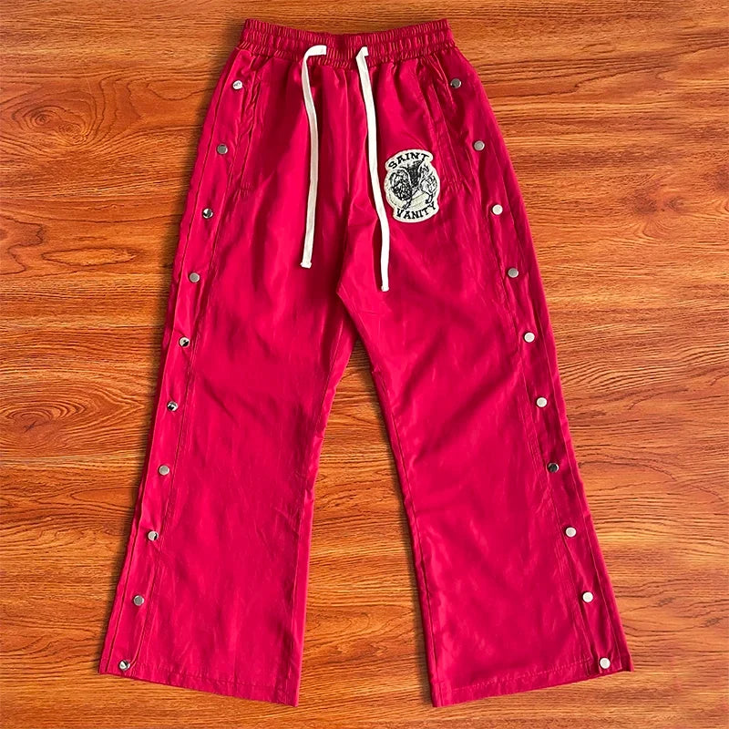 SAINT VANITY Embroidered Rivet Sports Style Casual Windbreaker Pants - Red