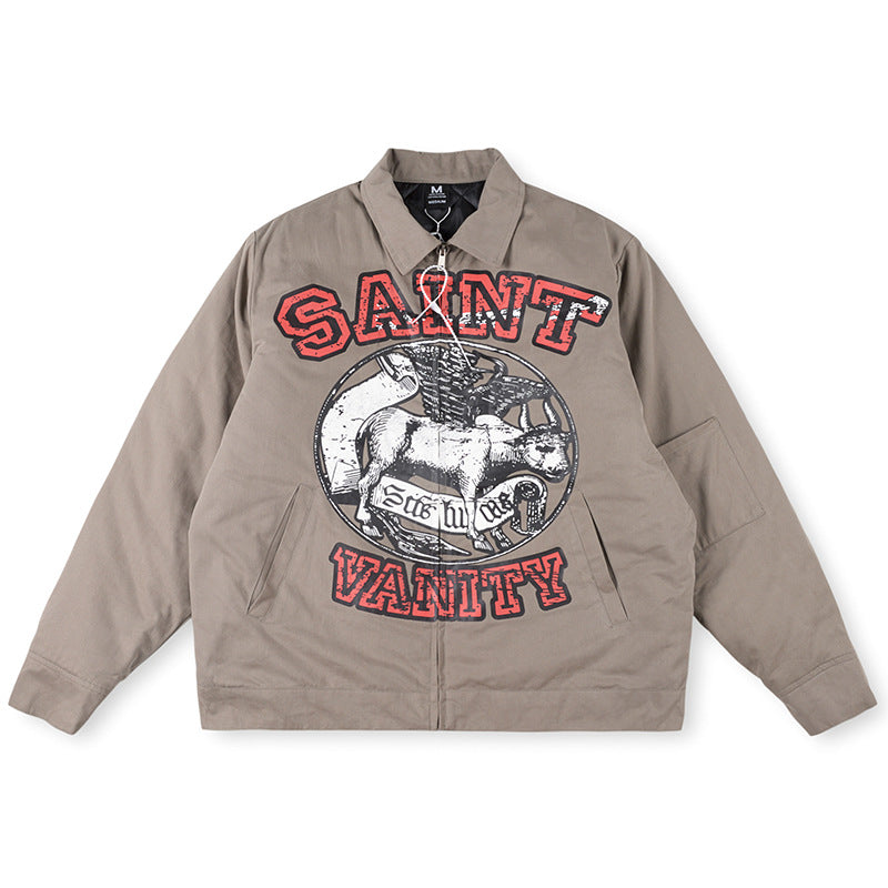 Saint Vanity Bull Graphic Zip Work Jacket - Khaki