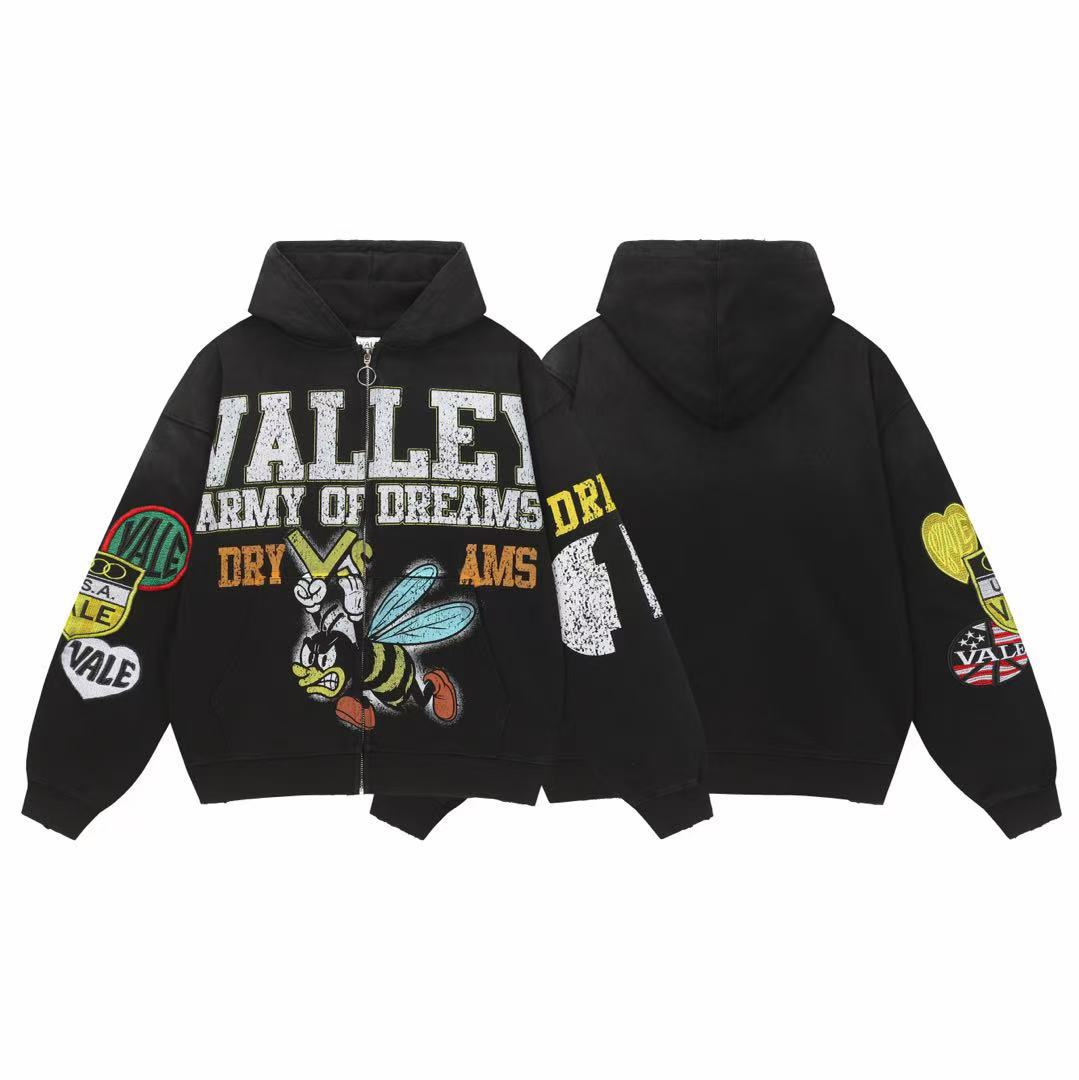 Vale Forever Valley Army of Dreams Wasp/Bee Graphic Vintage Wash Full-Zip Hoodie