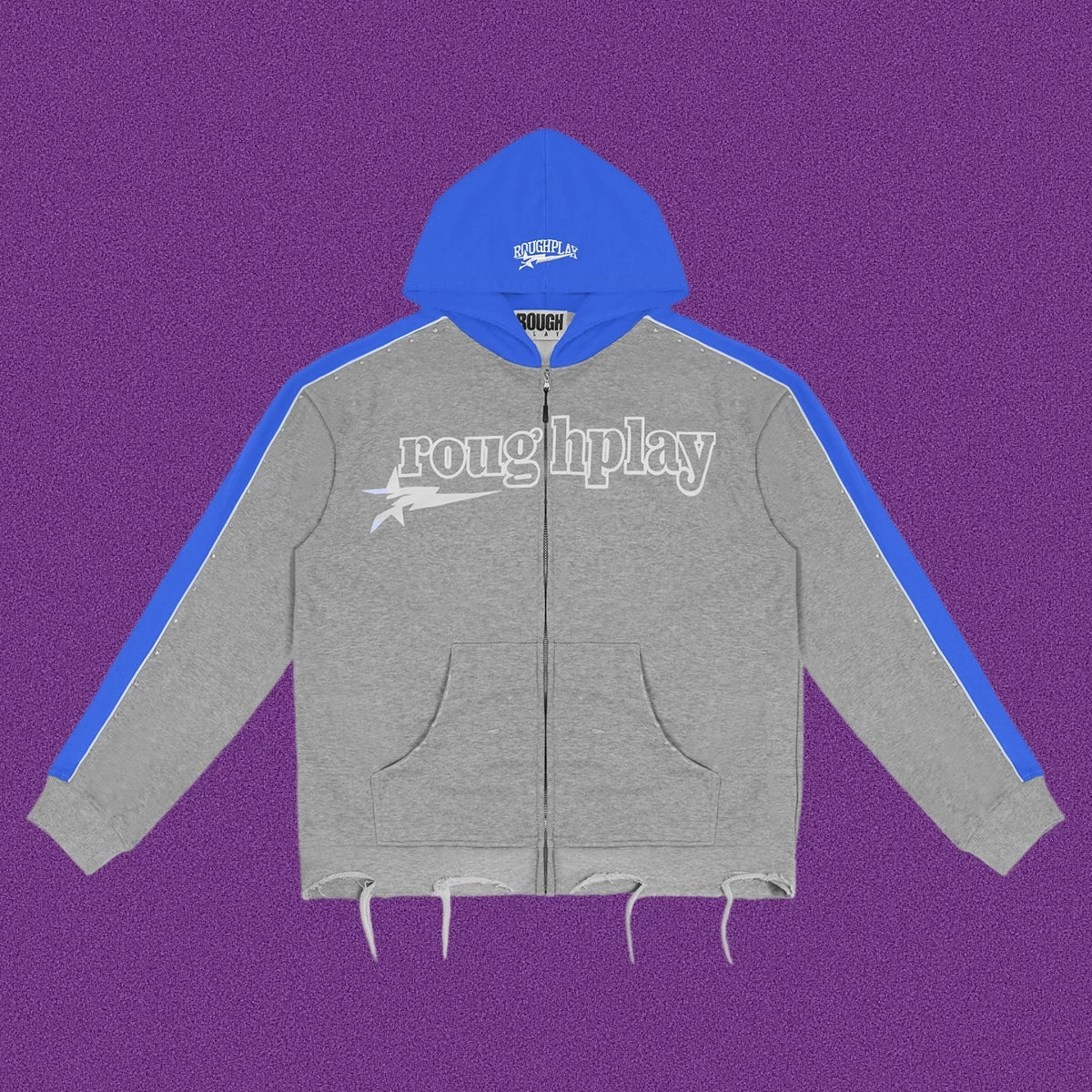 Roughplay Straight Logo Track Zip-Up Hoodie - Light Grey/Royal Blue