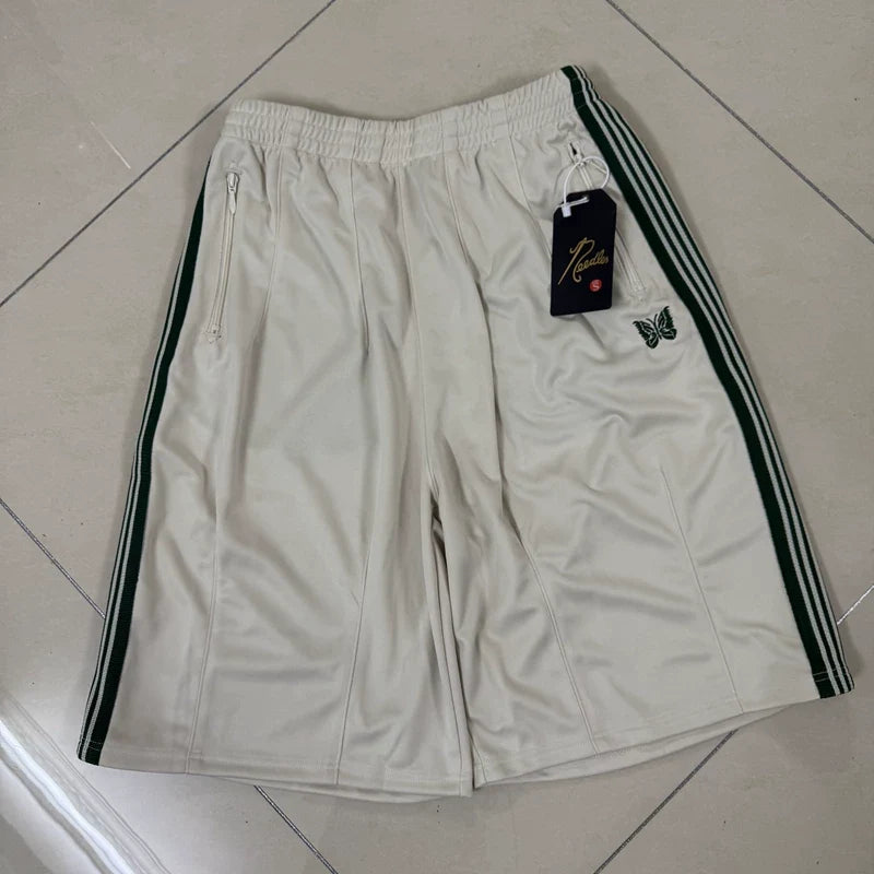 Needles Style Embroidered Butterfly Side-Tape Track Shorts - Off-White/Dark Green