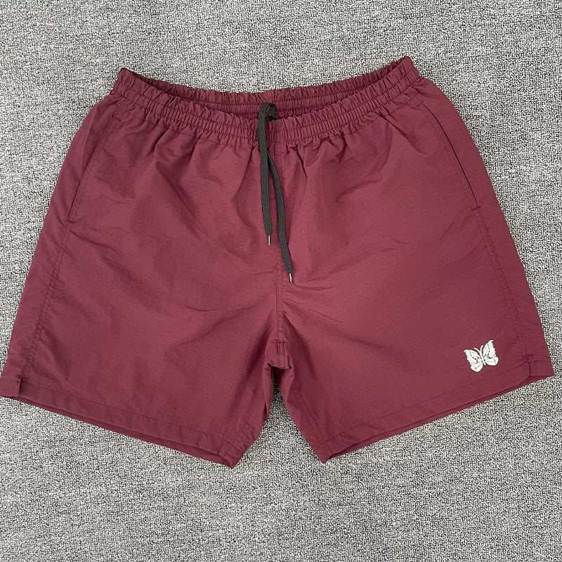 Needles Style Embroidered Butterfly Drawstring Shorts - Burgundy