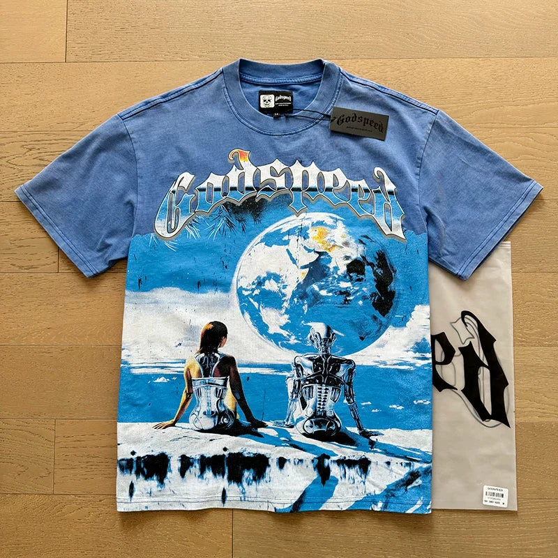 Godspeed Blue Earth Cyborg Robot Graphic Tee Cotton Acid Washed Shirt