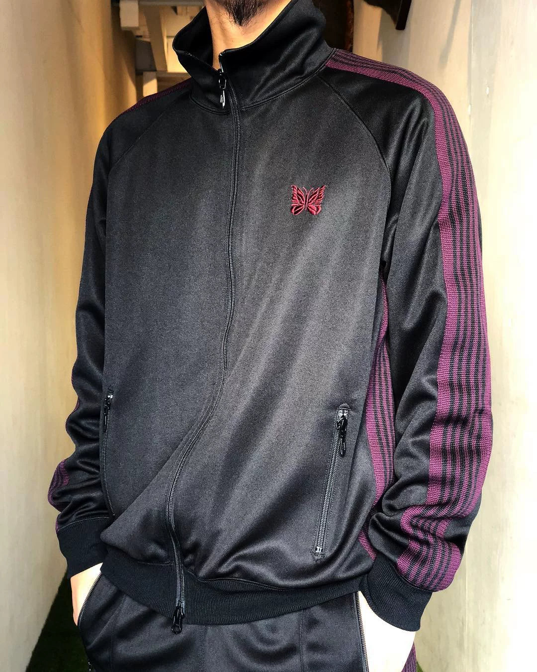 Needles Style Embroidered Butterfly Paneled Track Jacket - Black/Dark Purple