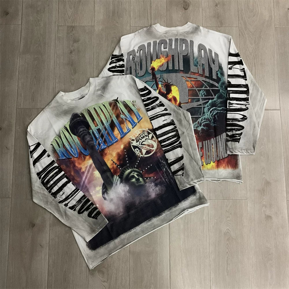 Roughplay Flaming Statue of Liberty Graphic Heavyweight Long-Sleeve Tee - Vintage Grey