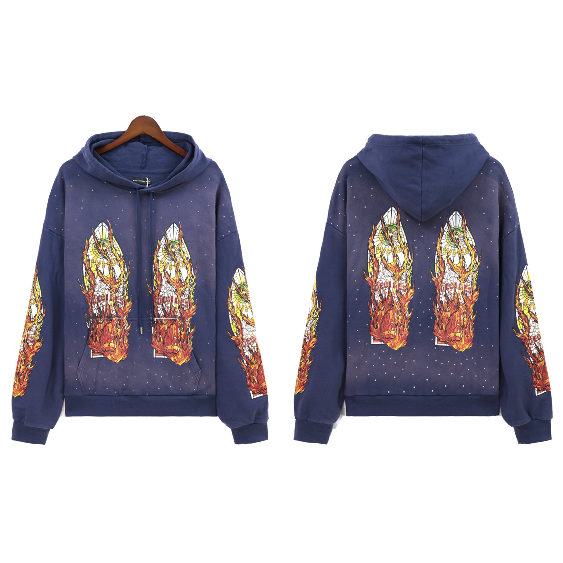 Who Decides War Flame Stained Glass Hoodie - Deep Blue/Purple Wash
