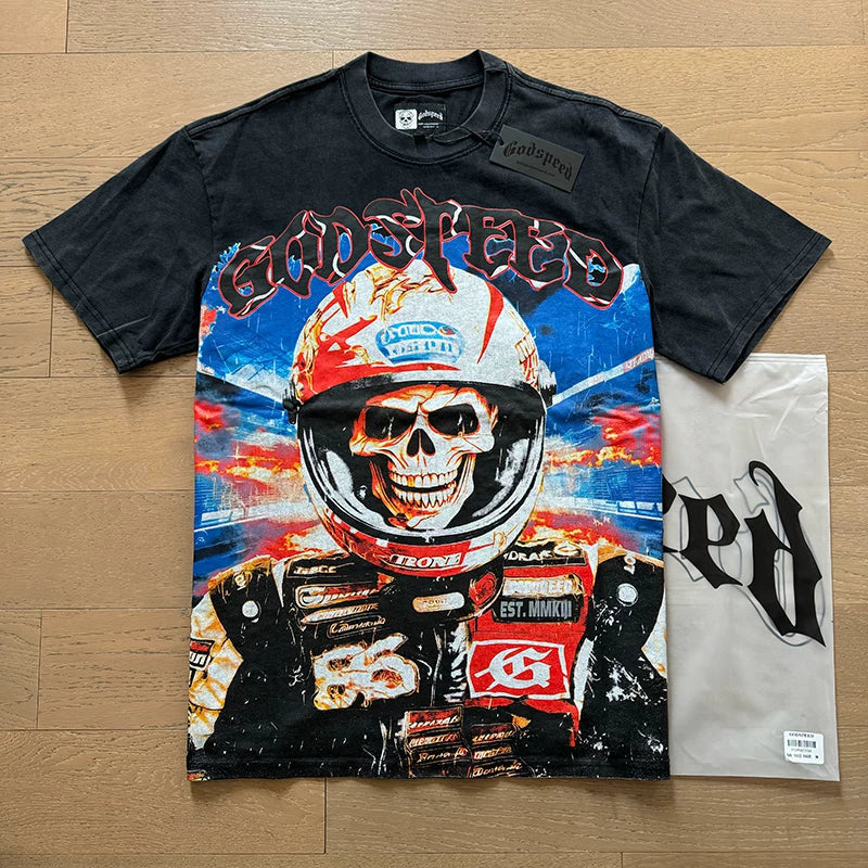 Godspeed Motorcycle Biker Racing Skull Graphic Tee Cotton Acid Washed Shirt