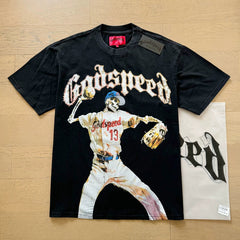 Godspeed Baseball Skeleton Pitcher Graphic Tee Cotton Acid Washed Shirt