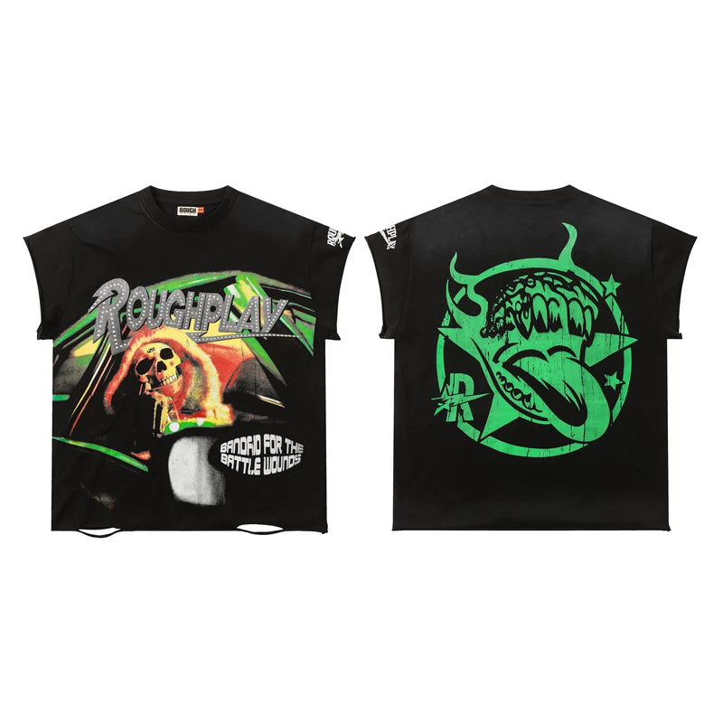 Rough Play "Bandaid for the Battle Wounds" Driving Skeleton Graphic Sleeveless Tee