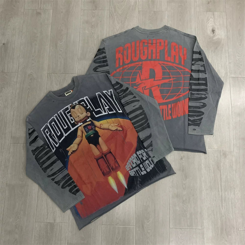 Roughplay Mecha Anime Graphic Heavyweight Long-Sleeve Tee - Dark Grey