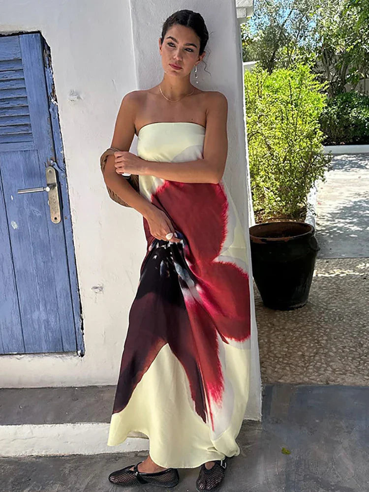 Sexy Strapless Floral Print Maxi Summer Dress