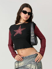 Striped Y2K Star Graphic Cropped Long Sleeve Top