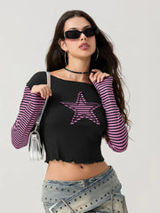 Striped Y2K Star Graphic Cropped Long Sleeve Top