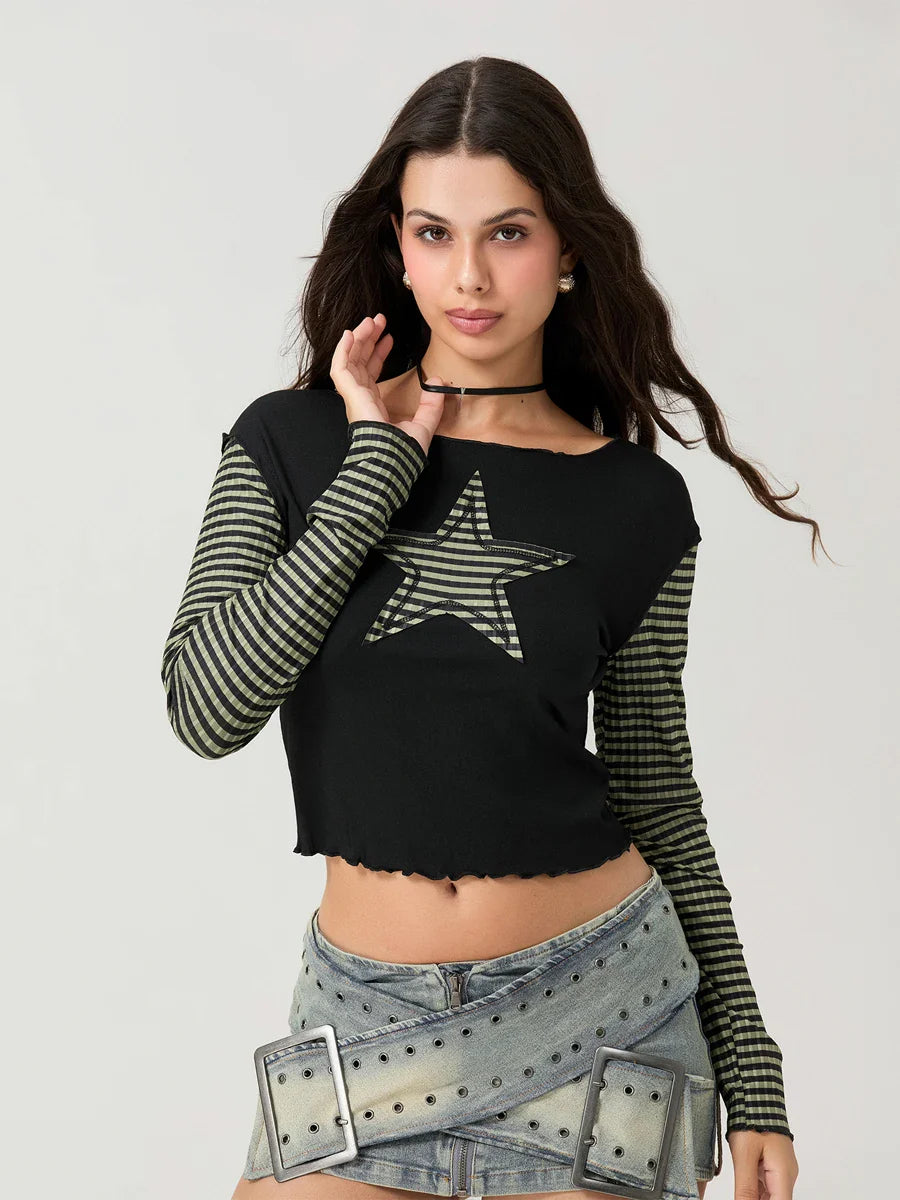 Striped Y2K Star Graphic Cropped Long Sleeve Top