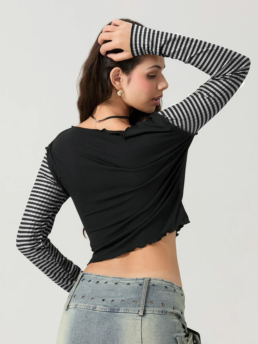 Striped Y2K Star Graphic Cropped Long Sleeve Top