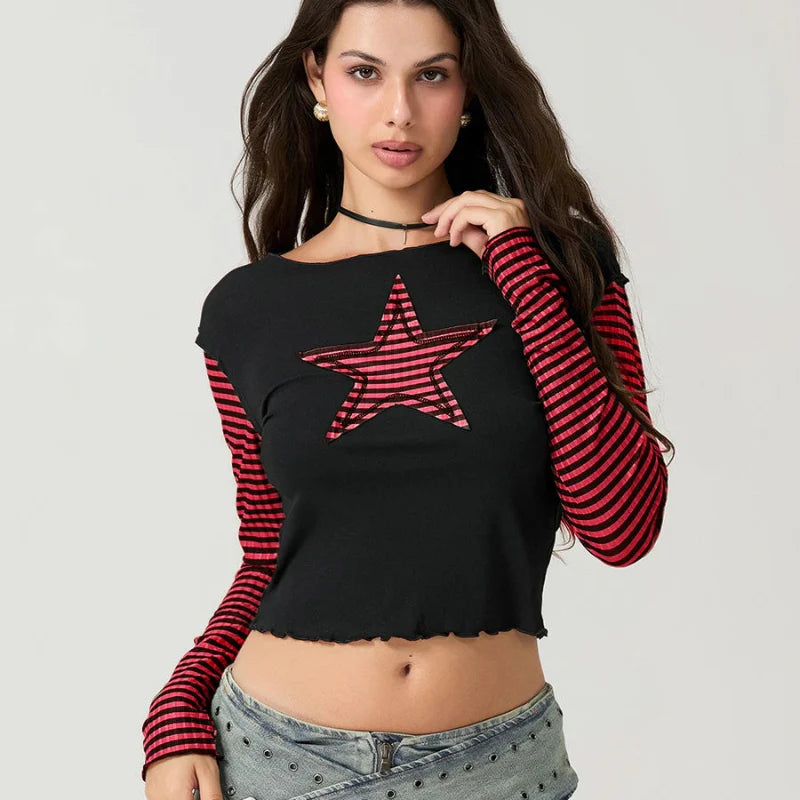 Striped Y2K Star Graphic Cropped Long Sleeve Top
