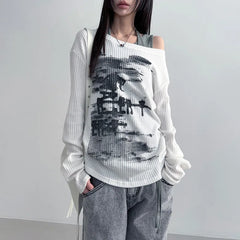 Vintage Print Graphic Y2K Long Sleeve Top