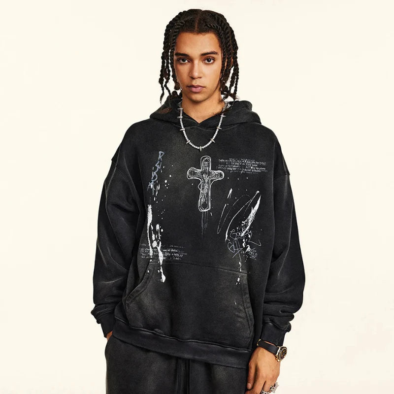 Vintage Y2K Cross Graphic Distressed Baggy Hoodie