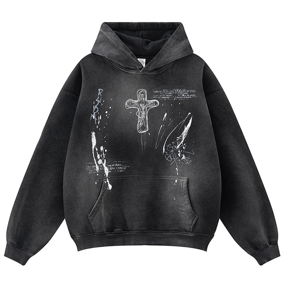 Vintage Y2K Cross Graphic Distressed Baggy Hoodie