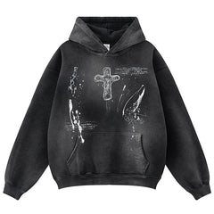 Vintage Y2K Cross Graphic Distressed Baggy Hoodie