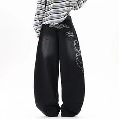 Y2K Baggy Black Accessorised Embroidered Jeans