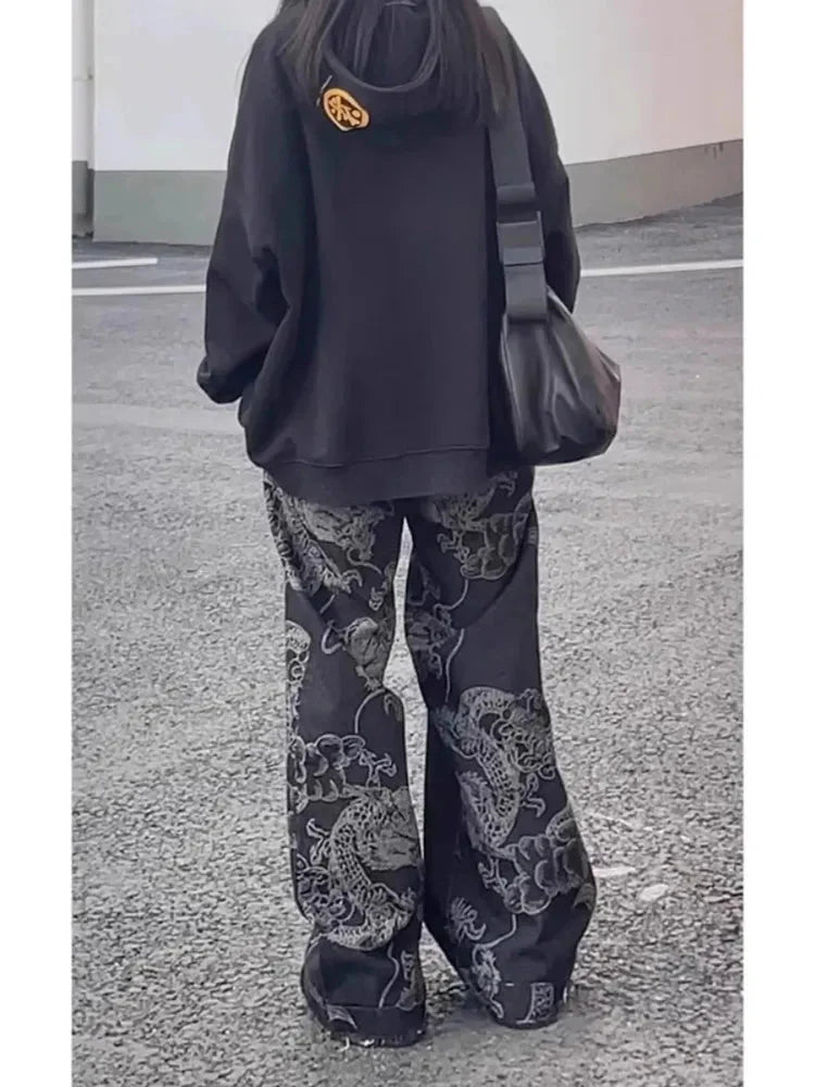 Y2K Black Dragon Print High Waist Straight Wide Leg Jeans