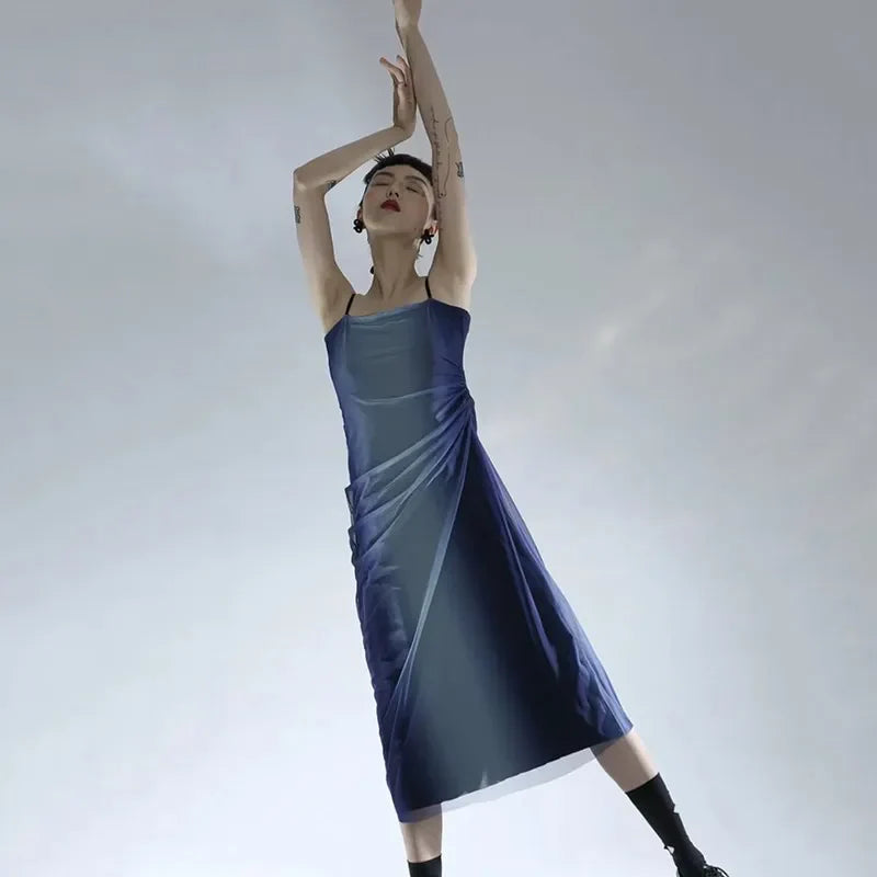 Y2K Blue Gradient Aesthetic Mesh Midi Dress
