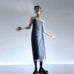 Y2K Blue Gradient Aesthetic Mesh Midi Dress