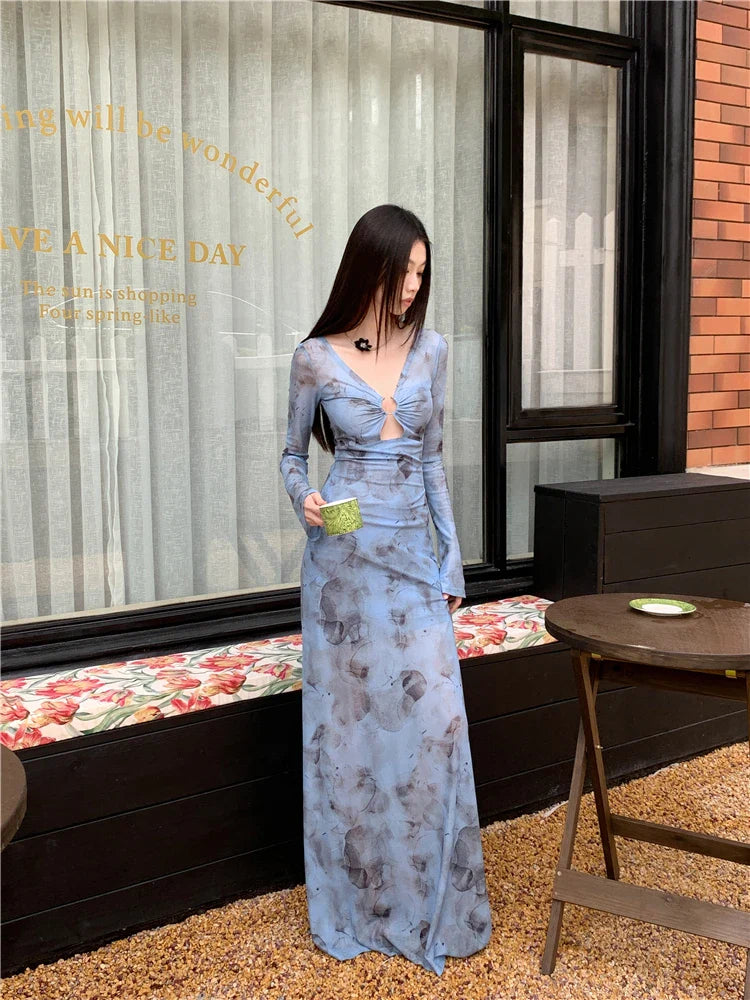Y2K Blue Mesh Long Sleeve V Neck Maxi Dress