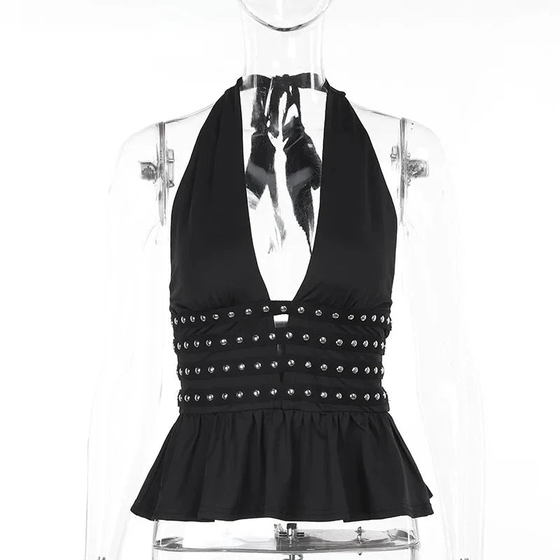 Y2K Deep V-Neck Studded Black Halter Top