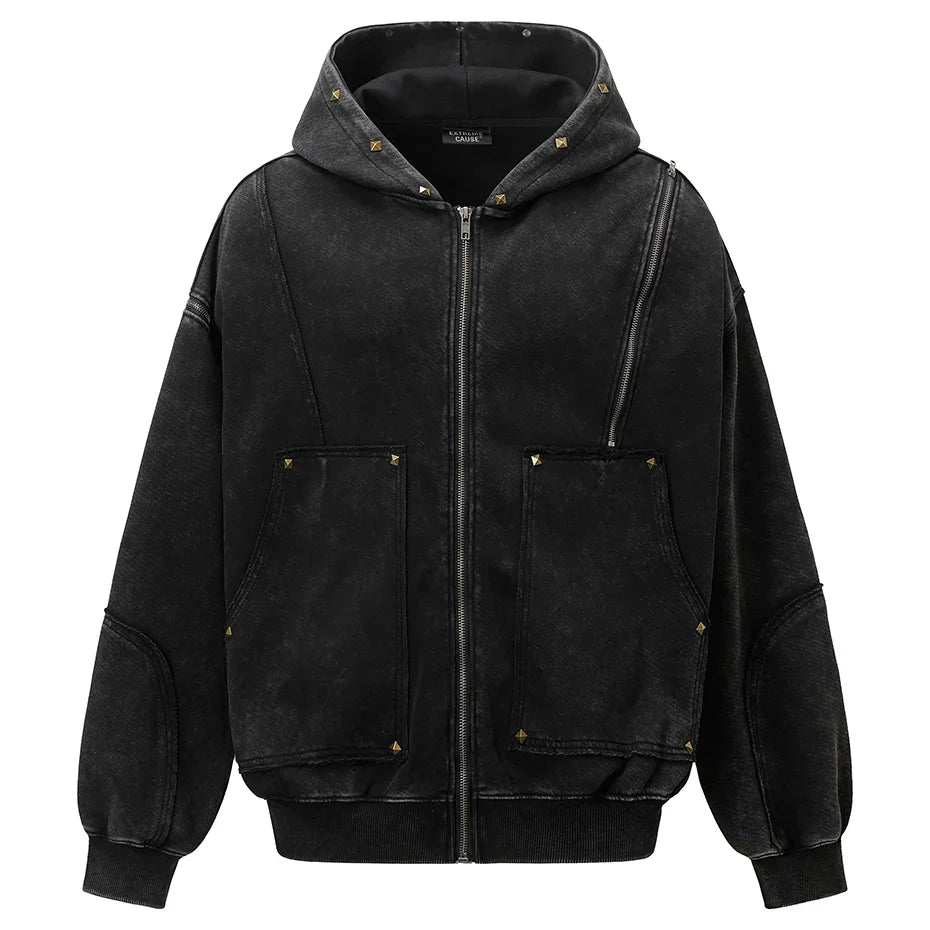 Y2K Diamond Rivet Patchwork Full Zip Up Hoodie