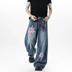 Y2K Embroidered Patchwork Star Wide Leg Barrel Jeans