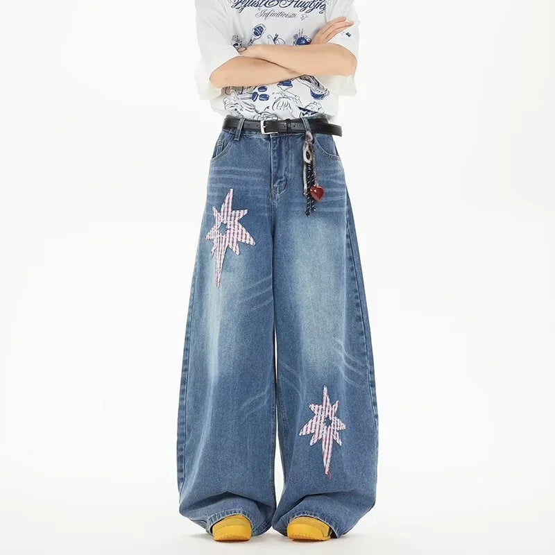 Y2K Embroidered Patchwork Star Wide Leg Barrel Jeans