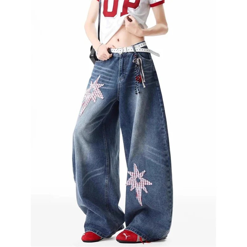 Y2K Embroidered Patchwork Star Wide Leg Barrel Jeans