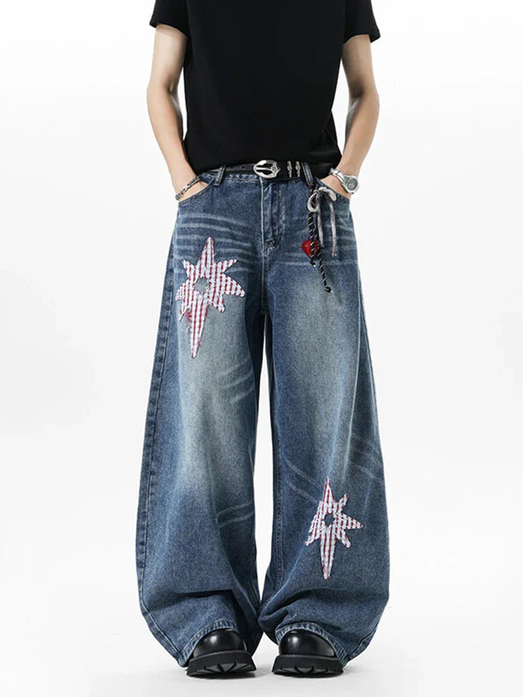 Y2K Embroidered Patchwork Star Wide Leg Barrel Jeans