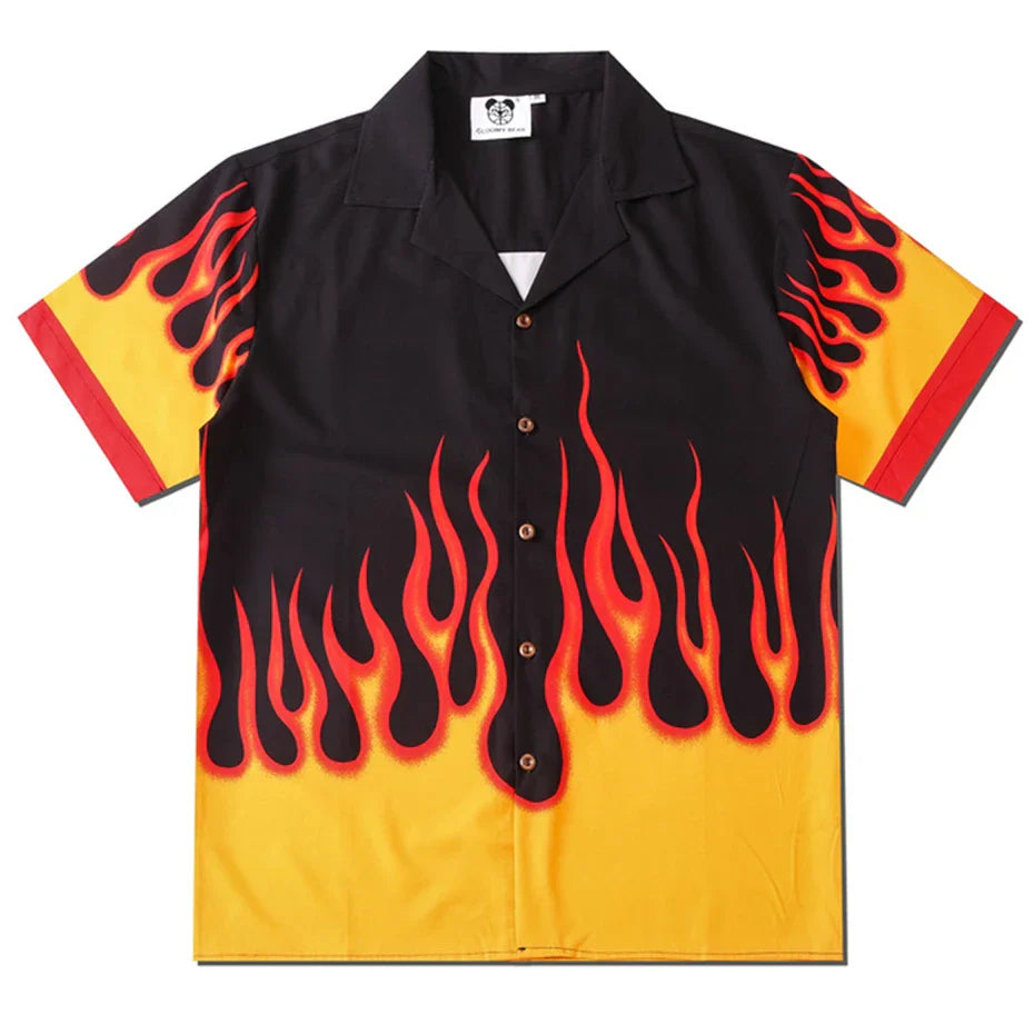 Y2K Fire Graphic Button Down Short Sleeve Shirt