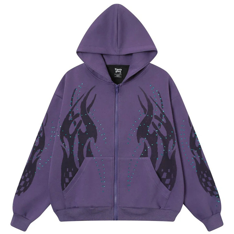 Y2K Fire Rhinestone Full Zip Up Hoodie