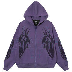 Y2K Fire Rhinestone Full Zip Up Hoodie
