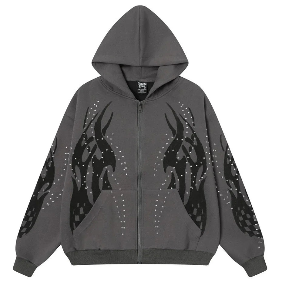 Y2K Fire Rhinestone Full Zip Up Hoodie