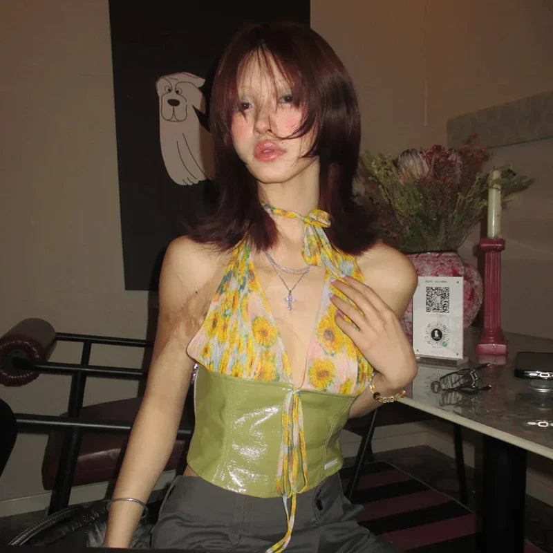 Y2K Floral Patchwork Backless Halter Top