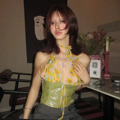 Y2K Floral Patchwork Backless Halter Top