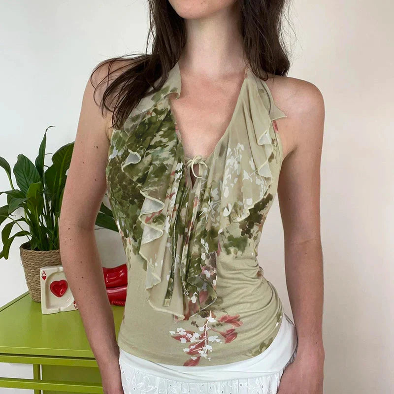 Y2K Floral Printed Tie-up Halter Top