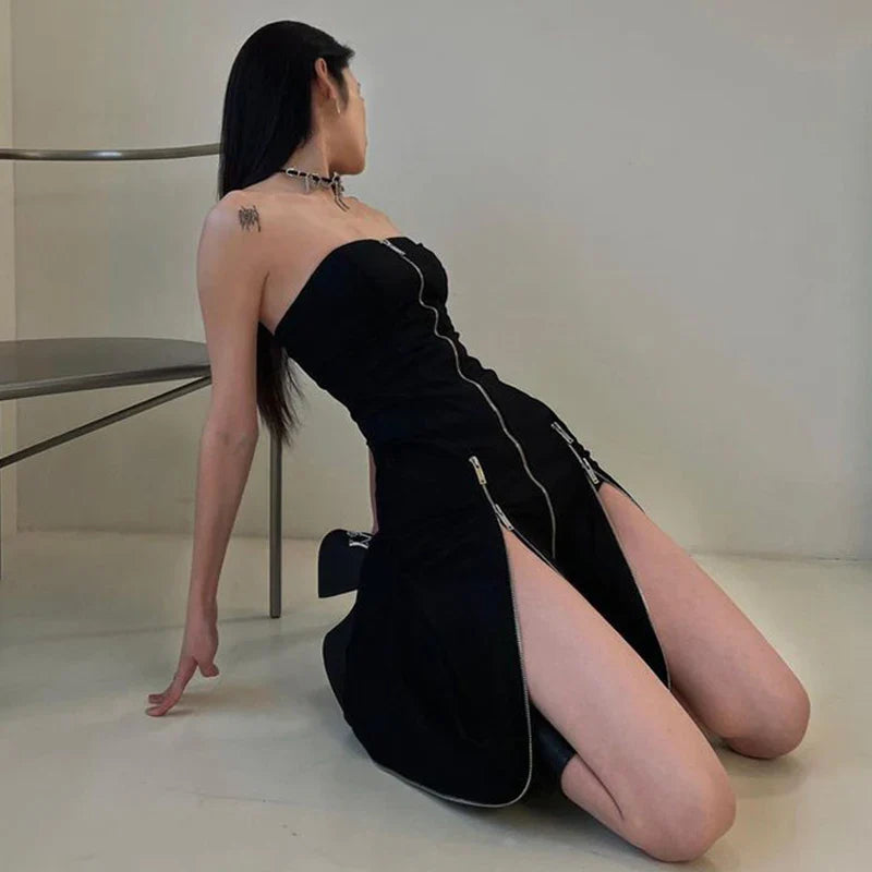 Y2K Gothic Techwear Zip Up Midi Dress