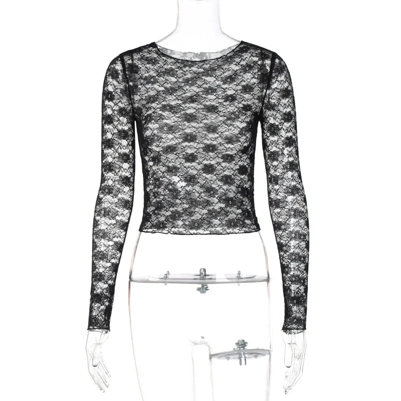 Y2K Lacey Sheer Womens Long Sleeve Top