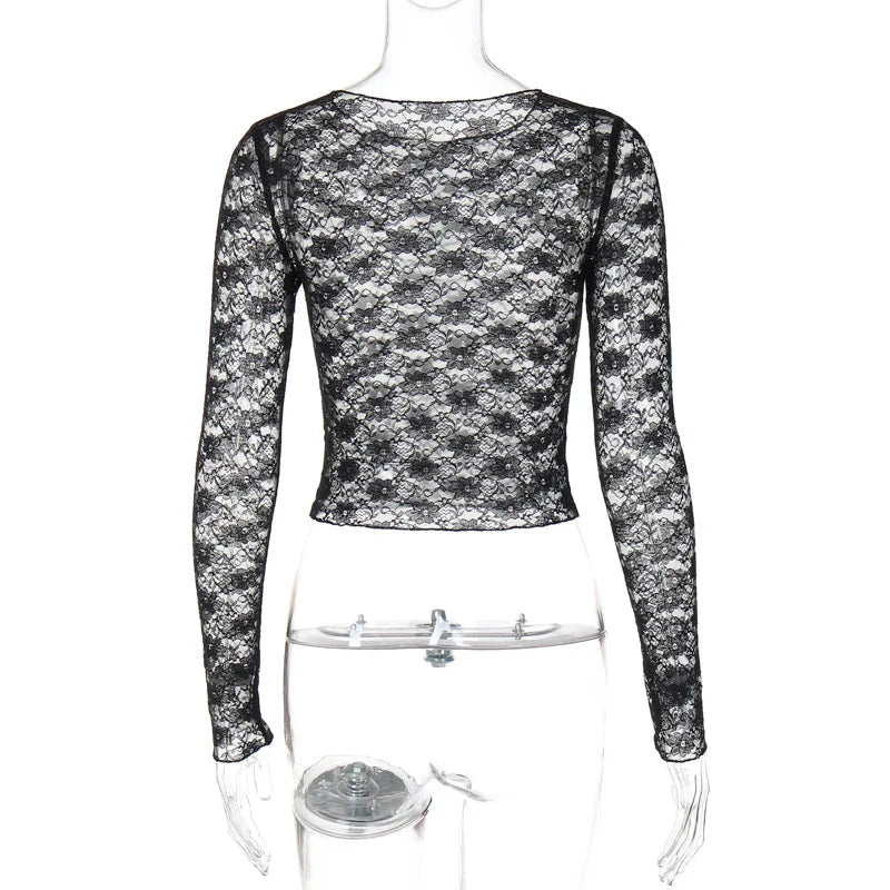 Y2K Lacey Sheer Womens Long Sleeve Top