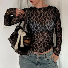 Y2K Lacey Sheer Womens Long Sleeve Top