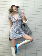 Y2K Lavender V Neck Floral Mini Dress