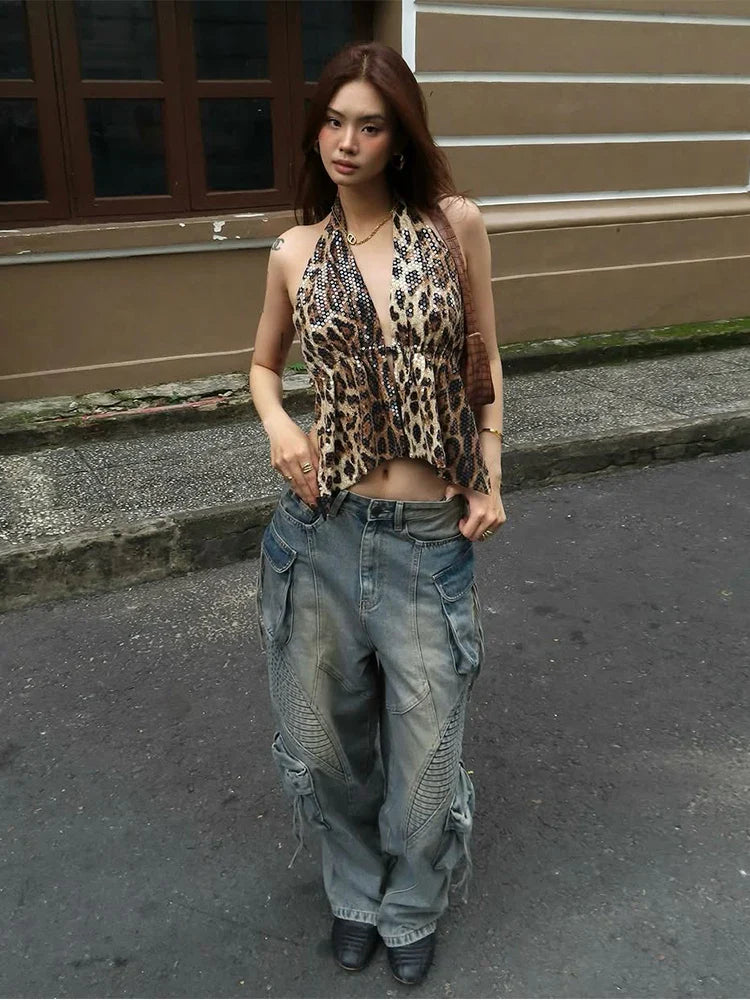 Y2K Leopard Sequin Rhinestone Low Cut Halter Top